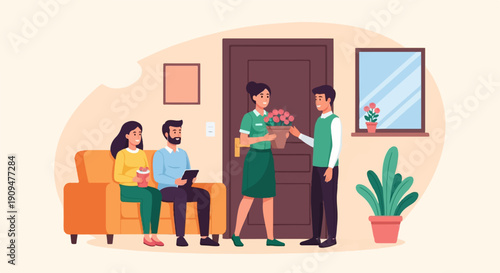 A woman delivers a potted plant to a man at a doorway, while a couple sits on a sofa