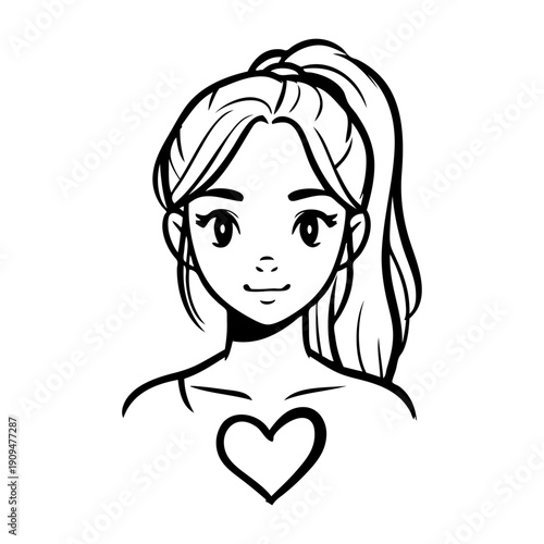 Dibujo con líneas de chica de frente con corazón en el pecho, para tarjetas y felicitaciones de San Valentín 