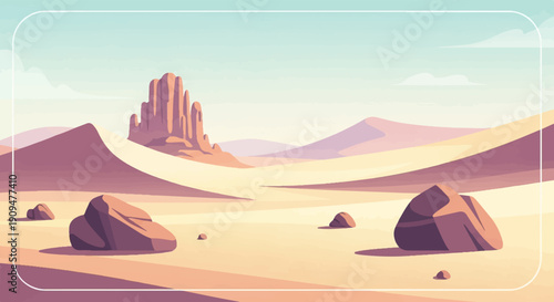 A stylized desert landscape with rock formations and rolling dunes under a pale sky