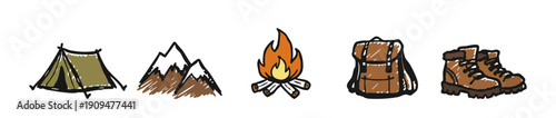 Hand-drawn camping and hiking icons including a tent, mountains, campfire, backpack, and boots in a doodle style on white background.