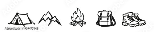 Set of hand-drawn camping and hiking icons including a tent, mountains, campfire, backpack, and boots for outdoor adventure and travel designs.