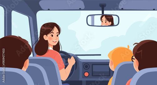 A woman drives a car with three children, two boys and a girl, in the back seats