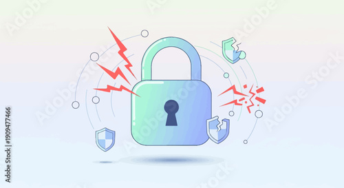 A stylized padlock is surrounded by cracked shields and red lightning bolts