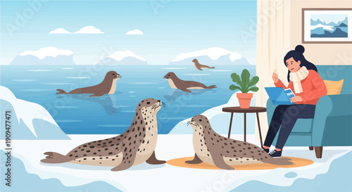 A woman enjoys a cozy indoor scene with seals visible in the arctic water outside