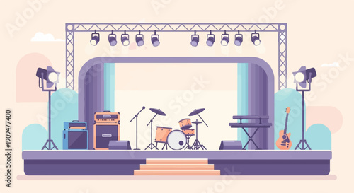 A stage with musical instruments and lighting is set up for a performance