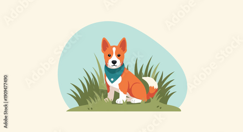 A stylized dog with orange fur and white markings sits patiently