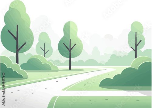 A stylized park pathway winds through trees and lush green foliage