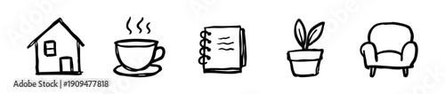 A set of five hand-drawn icons featuring a house, coffee cup, notebook, potted plant, and armchair, representing a cozy home lifestyle.
