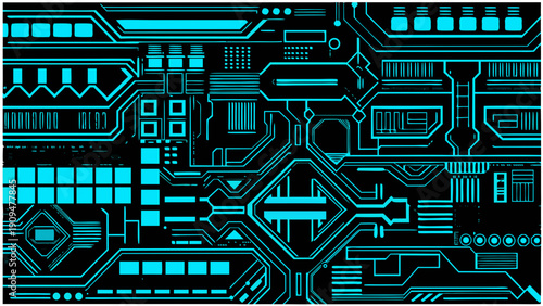 Abstract circuit board pattern with glowing cyan lines on black