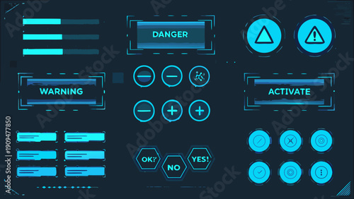 Futuristic user interface elements with warning and activation displays