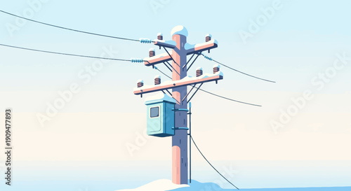 A snow-covered telephone pole with a transformer box against a pale sky