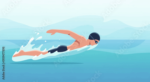 A stylized figure swims the butterfly stroke in clear blue water