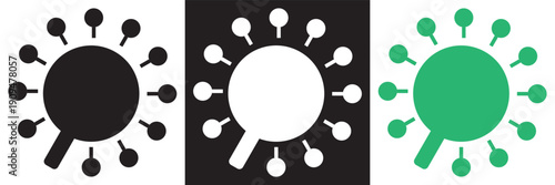 Virus Search Icon Set Vector Illustration Collection.  virus search icons with magnifying glass symbol in black and green, representing pandemic research and medical analysis concepts.EPS10AI.