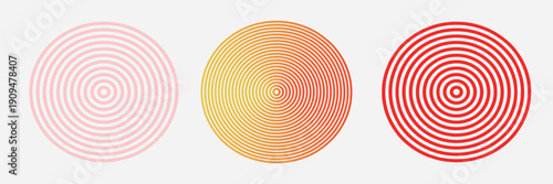 Red concentric ripple circles set. Sonar or sound wave rings collection. Epicentre, target, radar icon concept. Radial signal or vibration elements. Halftone vector illustration