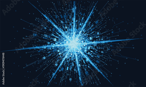 Schilderij op canvas Futuristic Digital Big Bang Illustration - Abstract Cyan Tech Explosion with Cir