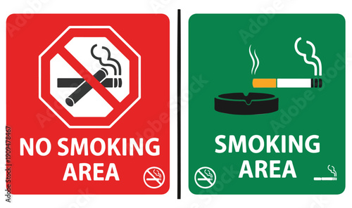 No smoking area and smoking area sign printable, red stop symbol set, ban silhouette icon design template, public safety warning, prohibition graphics, and vector illustration for signag