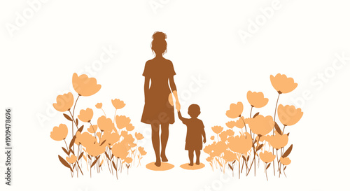Brown silhouette of mother and child holding hands surrounded by tulips, vector illustration for Mother's Day or family banner, isolated on transparent background, png