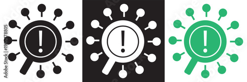 Virus Search Icon Set Vector Illustration Collection.  virus search icons with magnifying glass symbol in black and green, representing pandemic research and medical analysis concepts.EPS10AI.
