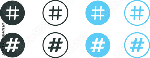 Hashtag Icon Set for Social Media and Digital Marketing. Black and Blue Circular Tag Symbols in Solid and Outline Styles for Topic Categorization and SEO