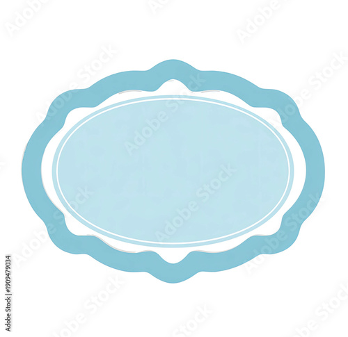 Light blue, oval label with scalloped edges and a white outline, on a transparent background