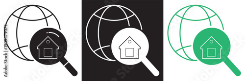 Virus Search Icon Set Vector Illustration Collection.  virus search icons with magnifying glass symbol in black and green, representing pandemic research and medical analysis concepts.EPS10AI.