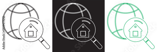 Virus Search Icon Set Vector Illustration Collection.  virus search icons with magnifying glass symbol in black and green, representing pandemic research and medical analysis concepts.EPS10AI.