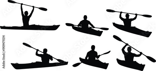 Silhouette set of man kayaking in boat with paddle, water sport activity collection, canoeing adventure vector illustration isolated on white background, rowing.