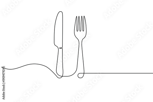 Continuous line art of cutlery set with knife and fork on white background