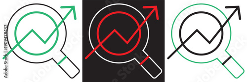 Virus Search Icon Set Vector Illustration Collection.  virus search icons with magnifying glass symbol in black and green, representing pandemic research and medical analysis concepts.EPS10AI.