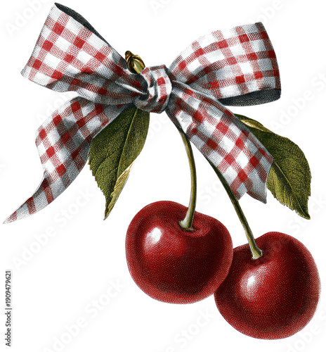 Two ripe cherries are shown, tied with a gingham bow, leaves visible, against a black backdrop