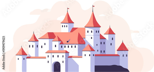A stylized flat illustration of a large, imposing castle with red roofs and white walls