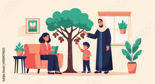 A woman reads on a couch while a boy picks fruit with an adult