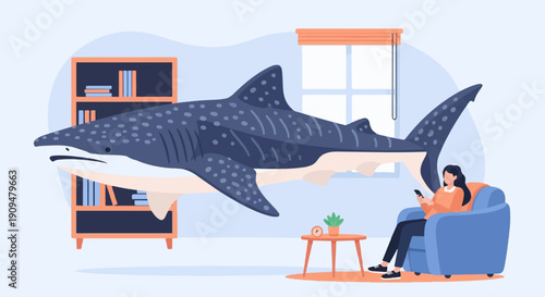 A woman relaxes on a couch while a large shark swims through a room with a bookshelf
