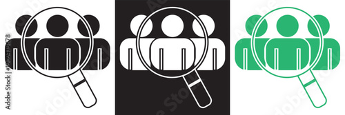 Virus Search Icon Set Vector Illustration Collection.  virus search icons with magnifying glass symbol in black and green, representing pandemic research and medical analysis concepts.EPS10AI.