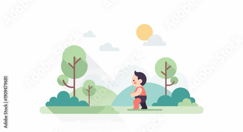 A stylized person exercises outdoors amidst trees and hills under a sunny sky