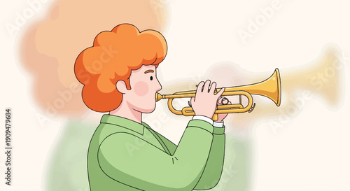A stylized person with orange hair plays a golden trumpet