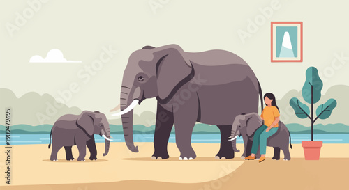 A woman sits on a baby elephant with its family by the water