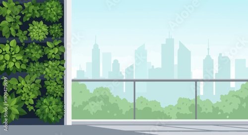 A vertical garden on a balcony overlooks a hazy city skyline and green trees