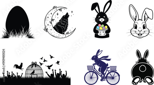 Whimsical easter bunny silhouette illustrations with moon house and bicycle