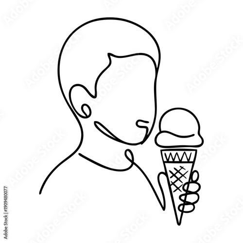 Dibujo sencillo con línea continua de un niño de pie de perfil comiendo un cucurucho de helado