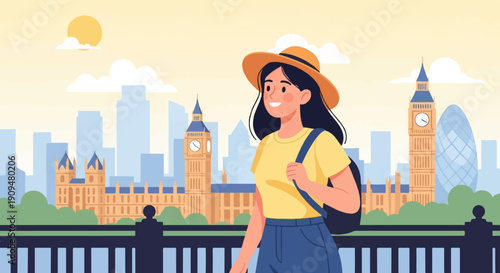 A smiling woman wearing a hat and carrying a backpack walks in front of London landmarks