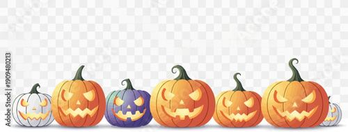 A variety of carved pumpkins with glowing faces line up