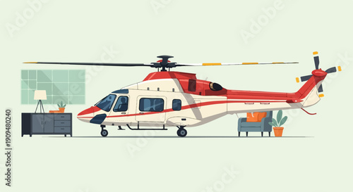 A stylized pixel art helicopter is depicted indoors with furniture and plants