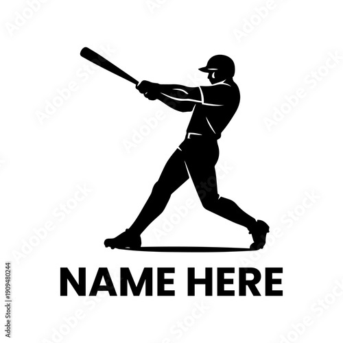 A baseball player swings a bat in a dynamic stance on a white background with bold black silhouette