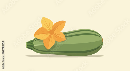 A stylized green squash with a yellow flower and a light yellow background