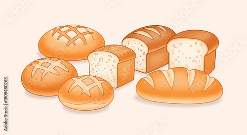 A variety of baked bread loaves and rolls arranged artfully