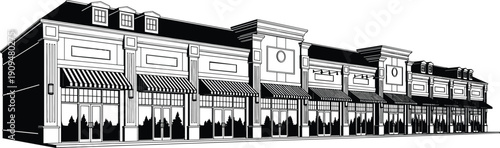 Perspective view of a commercial retail building with multiple storefronts and awnings, urban shopping center exterior architectural vector line art