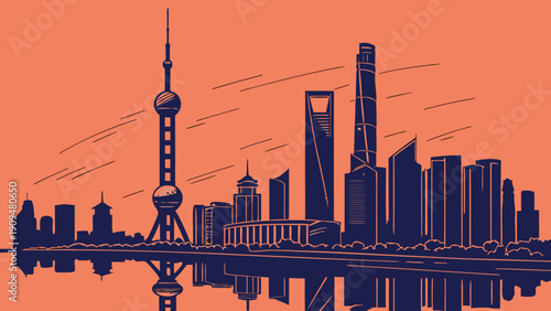 Shanghai skyline reflected in shimmering water, suitable for travel brochures, city guides, website banners, social media posts.