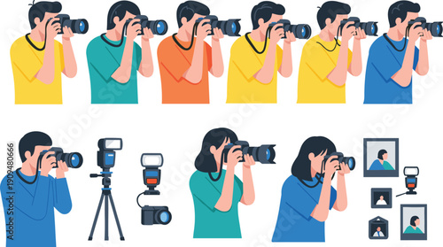 Professional Photography Vector Illustration Set Featuring Male and Female Photographers with DSLR Cameras, Tripods, Flash Equipment, and Photo Prints for Creative Studio and Media Workshops