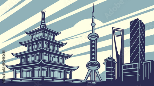 Shanghai skyline featuring stylised bund, oriental pearl tower,  shanghai tower. Ideal for travel brochures, websites, and city landscapes.